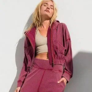 Free People Movement Time Out Cropped Zip Hoodie Sz S Ribbed Crop Sweatshirt